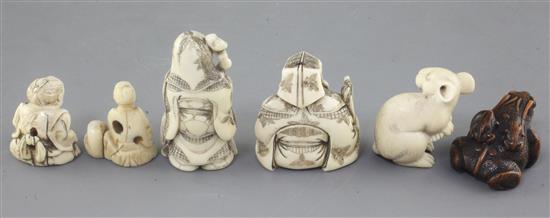 Five Japanese ivory netsuke and a similar boxwood example, late 19th / early 20th century, 3.1cm - 5.8cm